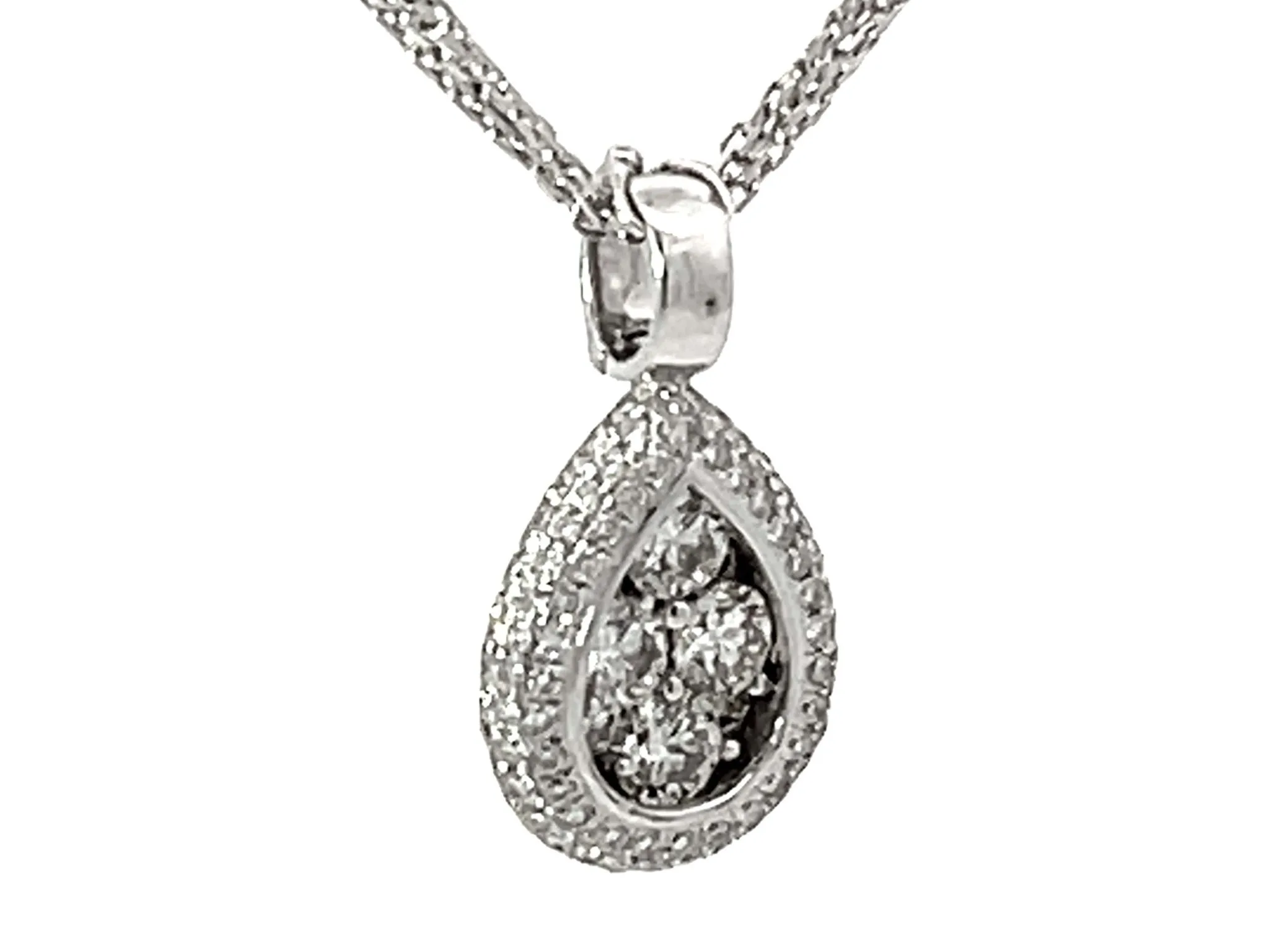 Pear Shaped Diamond Cluster Halo Pendant Triple Chain Necklace Solid White Gold