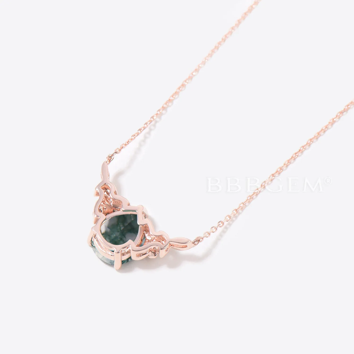 Pear Shaped Natural Moss Agate Necklace Rose Gold Floral Emerald Pendant