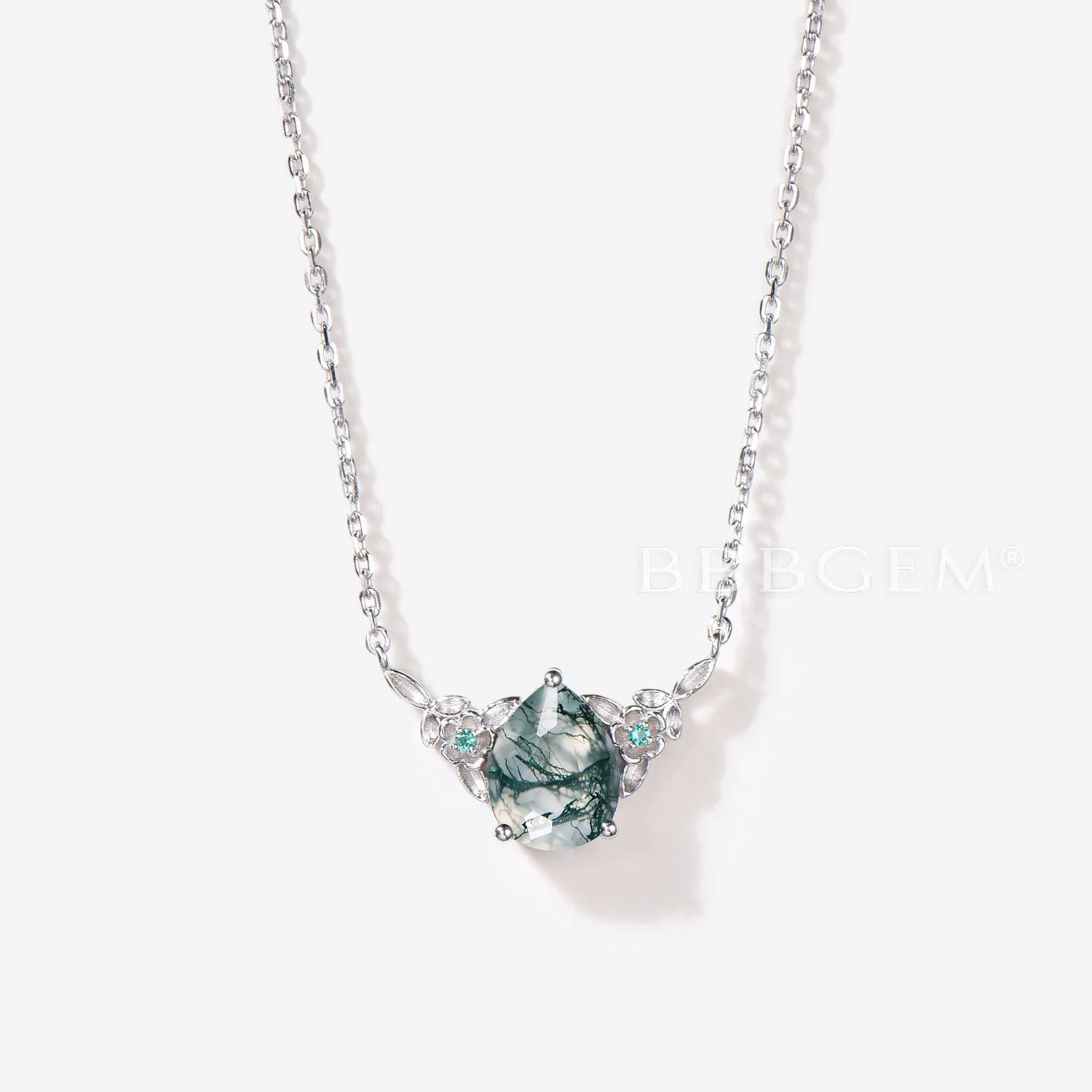 Pear Shaped Natural Moss Agate Necklace Rose Gold Floral Emerald Pendant
