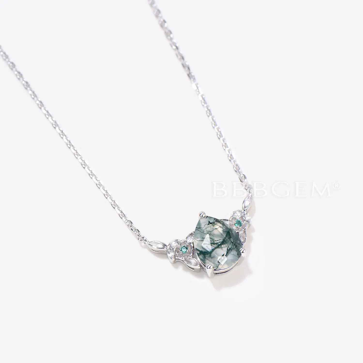 Pear Shaped Natural Moss Agate Necklace Rose Gold Floral Emerald Pendant