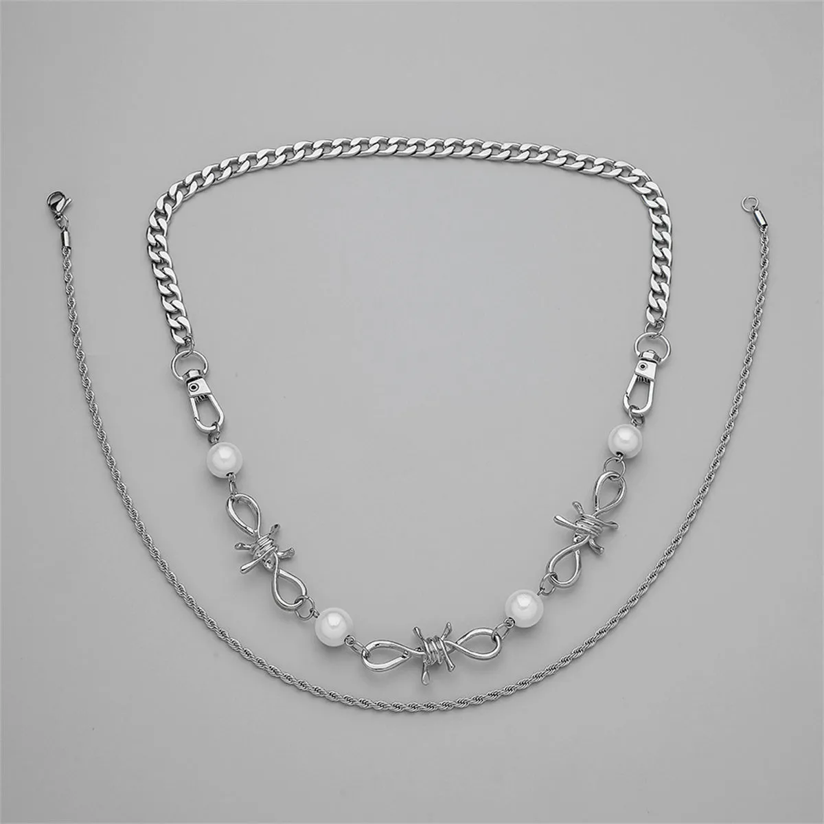 Pearl & Silver-Plated Curb Twine Thorns Station Necklace Set