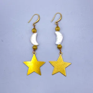 Pearl Moons and Brass Star Dangle Earringa