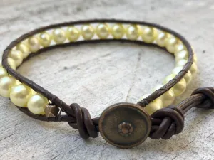 Pearl Wrap Bracelet - Pearl Leather Wrap - Pearl Bracelet -  Yellow Pearls - Women's Jewelry - Pearl Jewelry - June Birthstone