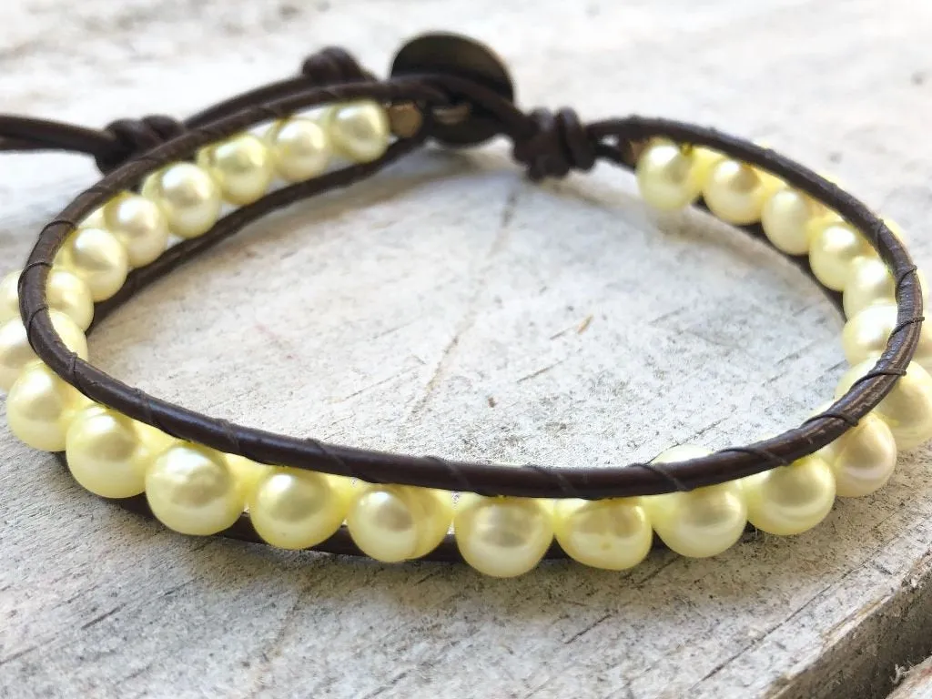 Pearl Wrap Bracelet - Pearl Leather Wrap - Pearl Bracelet -  Yellow Pearls - Women's Jewelry - Pearl Jewelry - June Birthstone