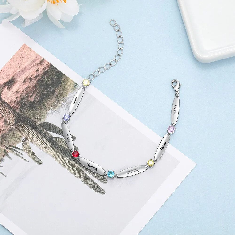 Personalized 6 Inlaid Birthstones Name Engraved Bracelet Customized Mother Bracelet Exquisite Christmas Gift for Family