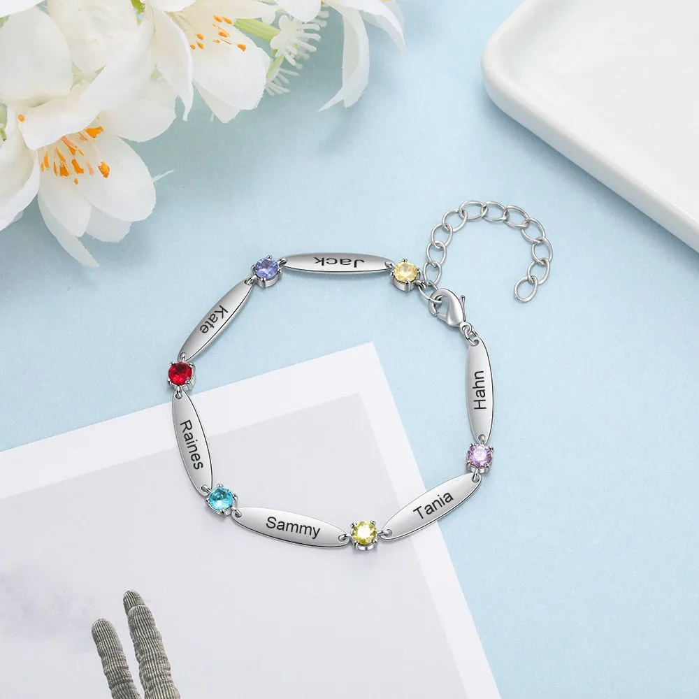 Personalized 6 Inlaid Birthstones Name Engraved Bracelet Customized Mother Bracelet Exquisite Christmas Gift for Family