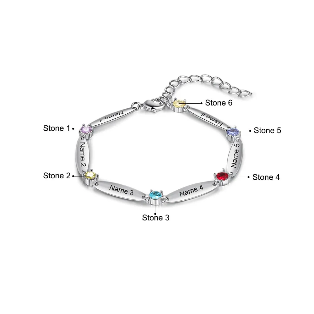 Personalized 6 Inlaid Birthstones Name Engraved Bracelet Customized Mother Bracelet Exquisite Christmas Gift for Family