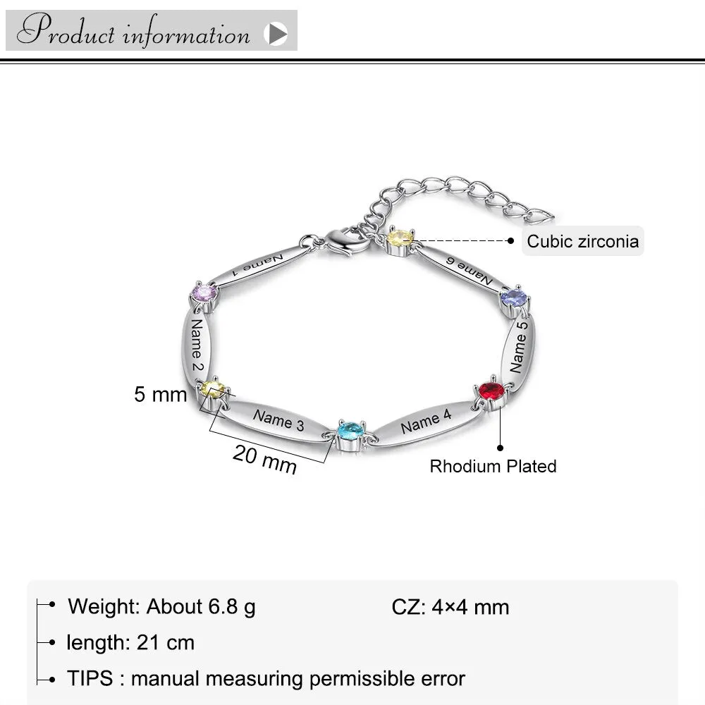 Personalized 6 Inlaid Birthstones Name Engraved Bracelet Customized Mother Bracelet Exquisite Christmas Gift for Family