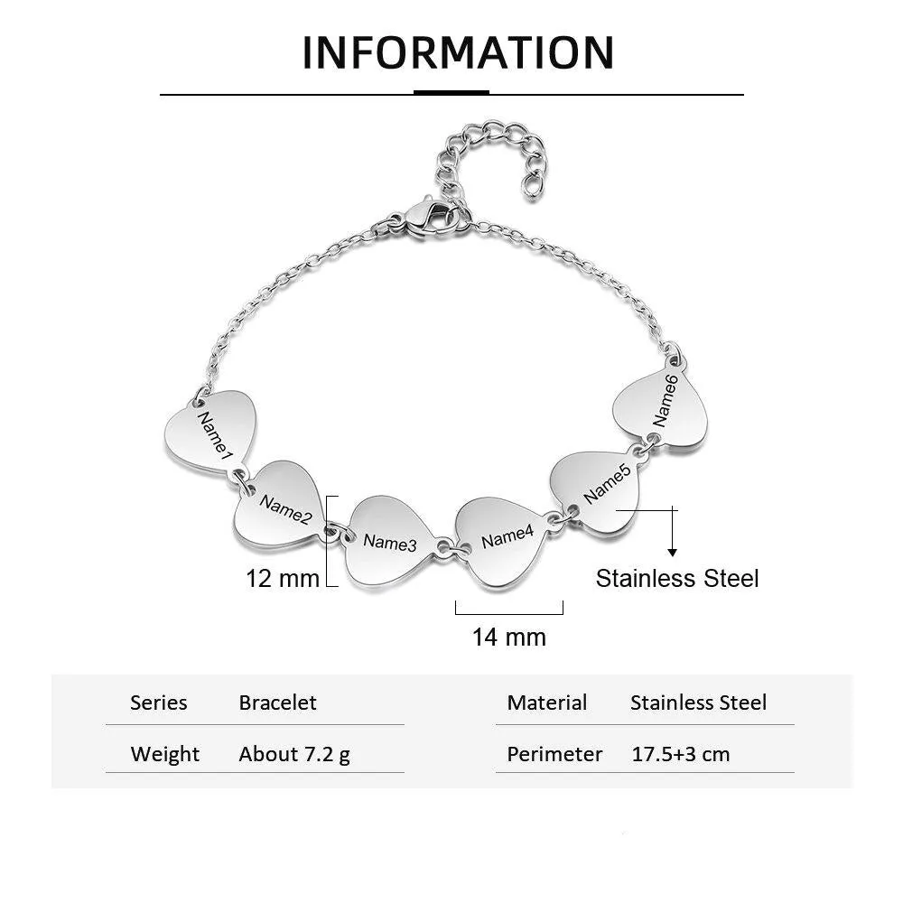 Personalized Engraving 6 Names Heart Charm Bracelet Stainless Steel Customized Family Bracelets Gifts for Grandmother