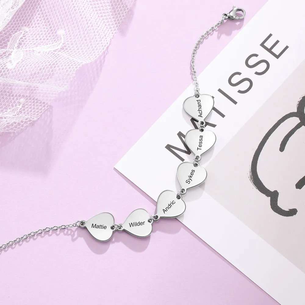 Personalized Engraving 6 Names Heart Charm Bracelet Stainless Steel Customized Family Bracelets Gifts for Grandmother