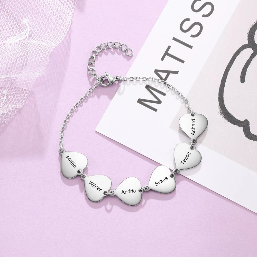 Personalized Engraving 6 Names Heart Charm Bracelet Stainless Steel Customized Family Bracelets Gifts for Grandmother