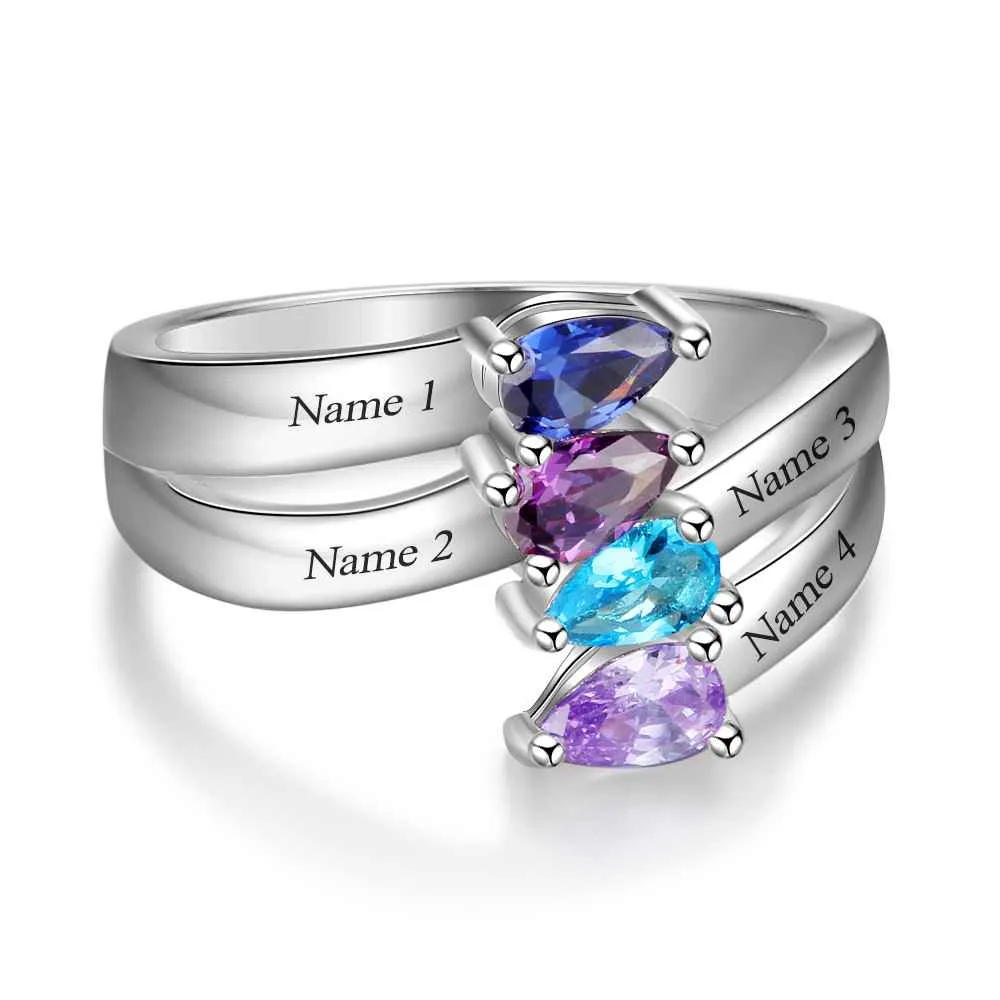 Personalized Gift for Friendship Engrave 4 Names Sister Birthstone Promise Rings 925 Sterling Silver Jewelry