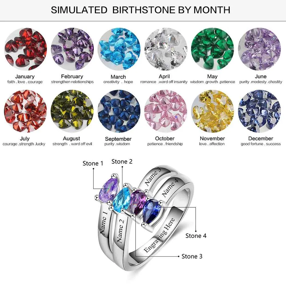 Personalized Gift for Friendship Engrave 4 Names Sister Birthstone Promise Rings 925 Sterling Silver Jewelry