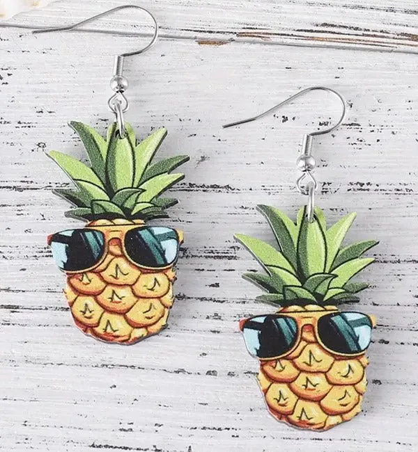 Pineapple Wearing Sunglasses Wooden Earrings