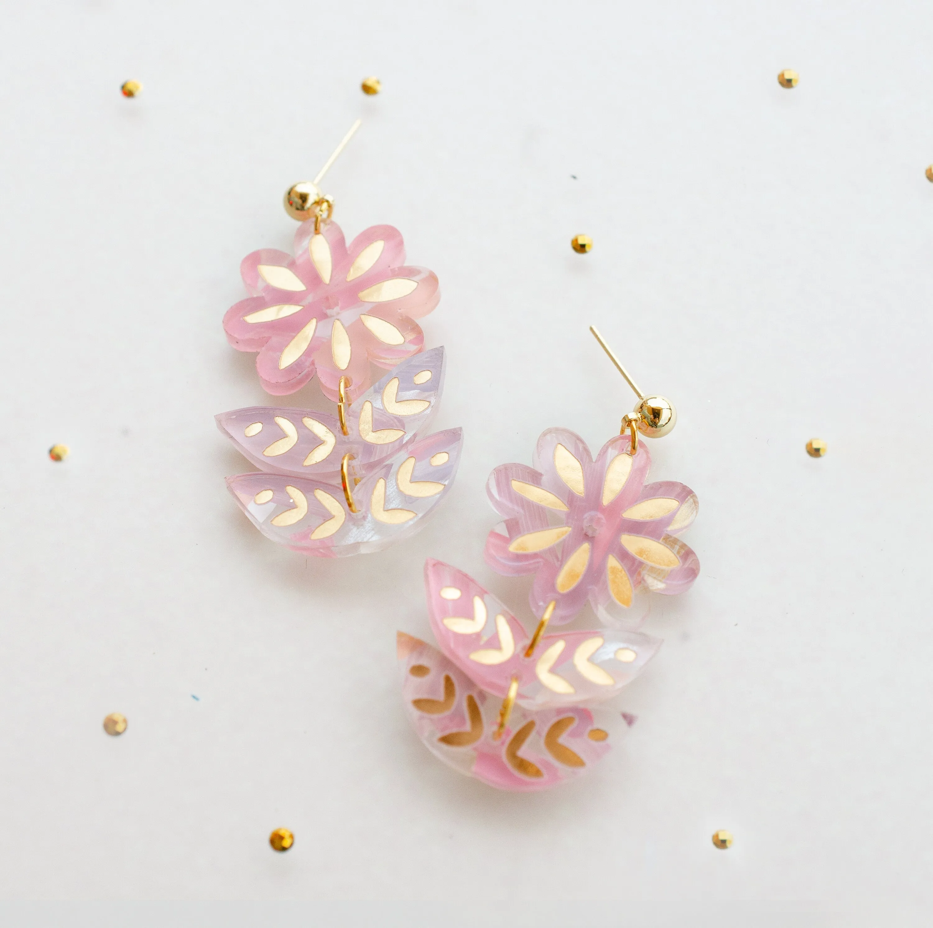 Pink flower earrings, acrylic earrings, flower jewelry, hand-painted earrings, flower statement earrings, bridesmaids gift