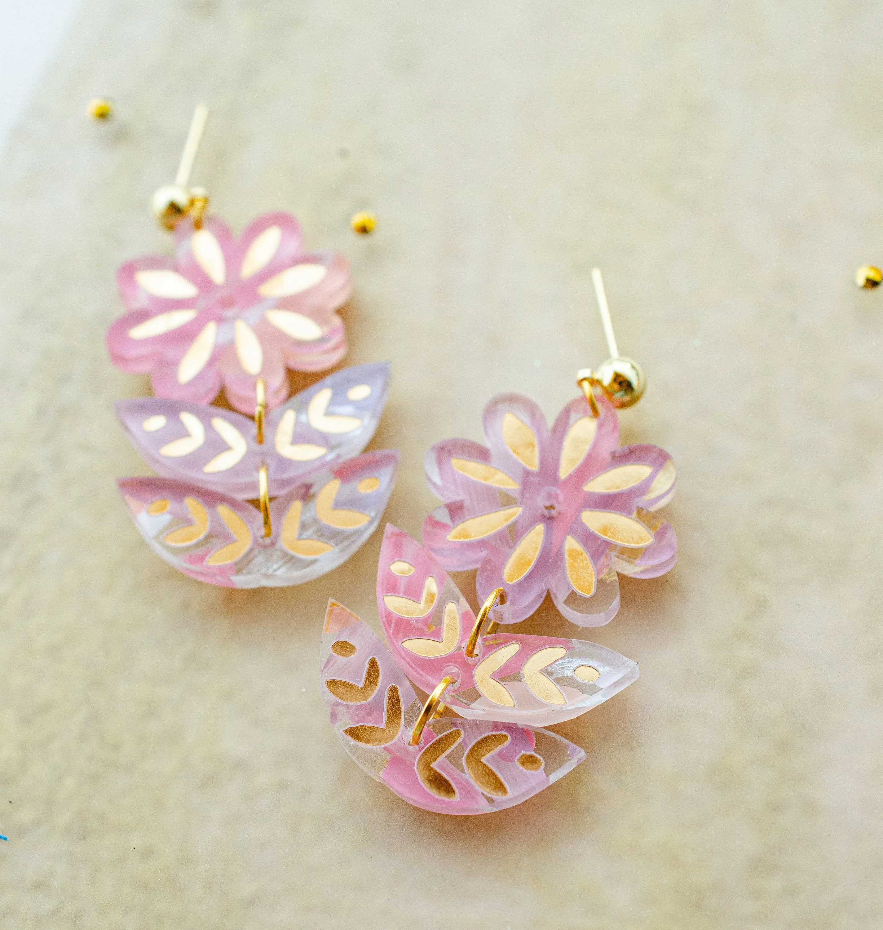 Pink flower earrings, acrylic earrings, flower jewelry, hand-painted earrings, flower statement earrings, bridesmaids gift
