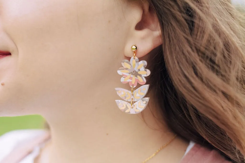 Pink flower earrings, acrylic earrings, flower jewelry, hand-painted earrings, flower statement earrings, bridesmaids gift
