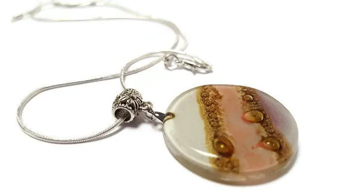 Pink, lilac, White and Brown  Round Recycled Glass Pendant