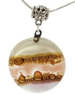 Pink, lilac, White and Brown  Round Recycled Glass Pendant