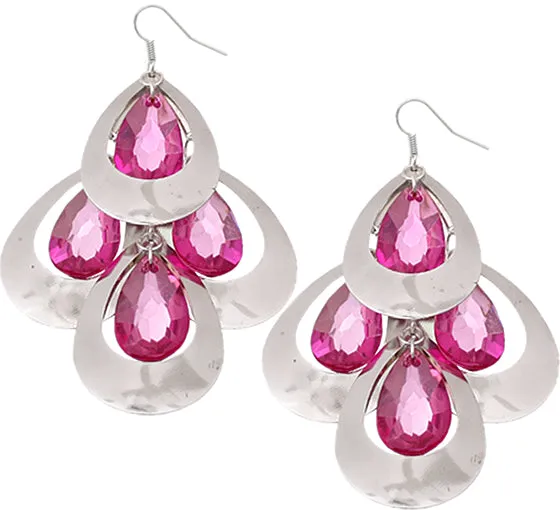 Pink Silver Cascade Tier Teardrop Earrings