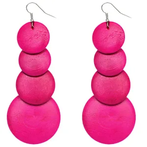 Pink Wooden Round Disc Cascade Earrings