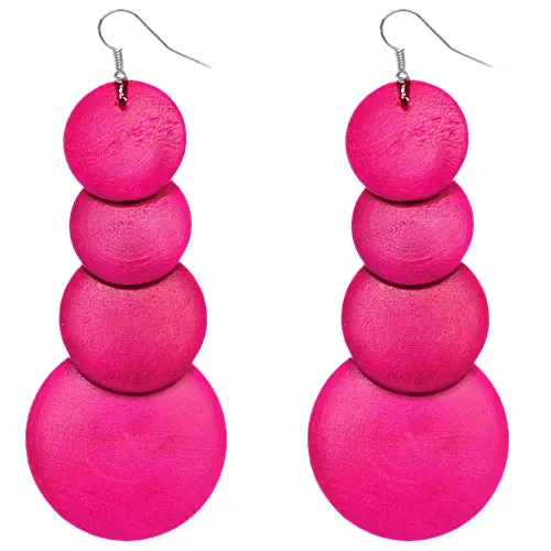 Pink Wooden Round Disc Cascade Earrings