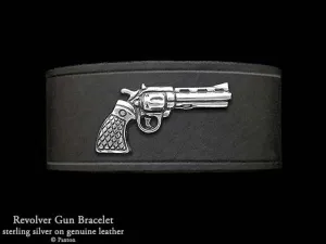 Pistol Revolver Bracelet Sterling Silver on Genuine Leather