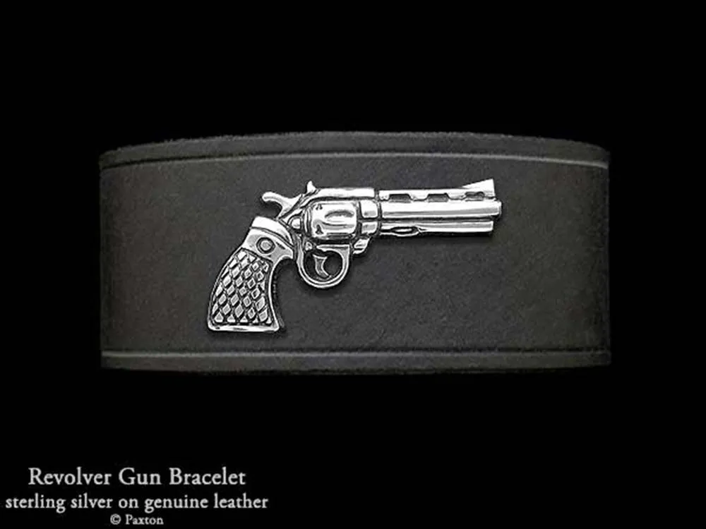 Pistol Revolver Bracelet Sterling Silver on Genuine Leather