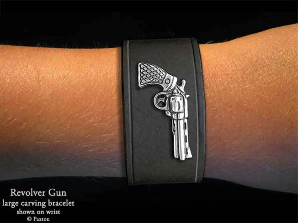 Pistol Revolver Bracelet Sterling Silver on Genuine Leather