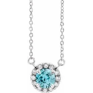 Platinum 6 mm Natural Blue Zircon & 1/6 CTW Natural Diamond 16" Necklace