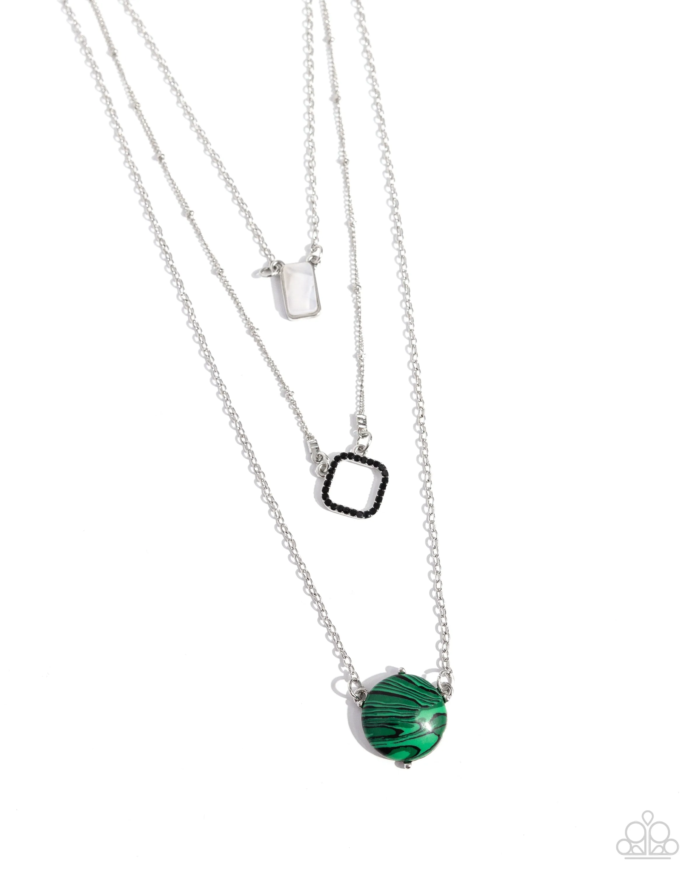Playfully Panache - Green - Marbled Stone White Shell Tiered Paparazzi Short Necklace