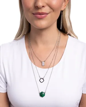 Playfully Panache - Green - Marbled Stone White Shell Tiered Paparazzi Short Necklace