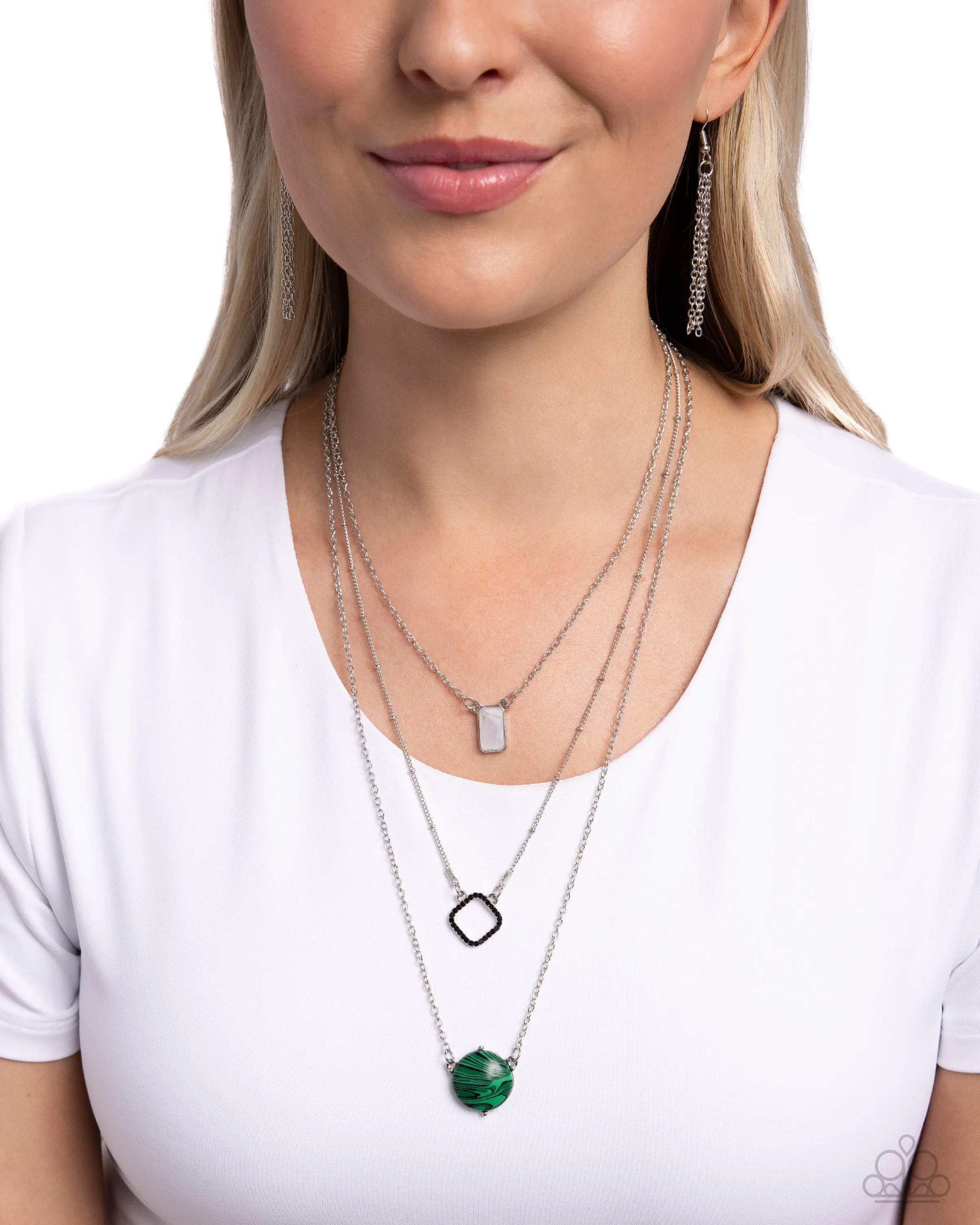 Playfully Panache - Green - Marbled Stone White Shell Tiered Paparazzi Short Necklace