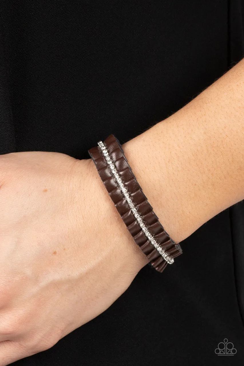 Pretty, Pretty PLEATS - Brown - White Rhinestone Leather Paparazzi Pull-Cord Braceleet