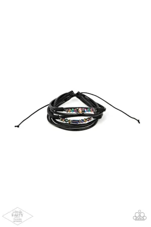 Prismatically Dramatic - Multi - Oil Spill Bead Black Leather Paparazzi Pull-Cord Bracelet - Pink Diamond Exclusive