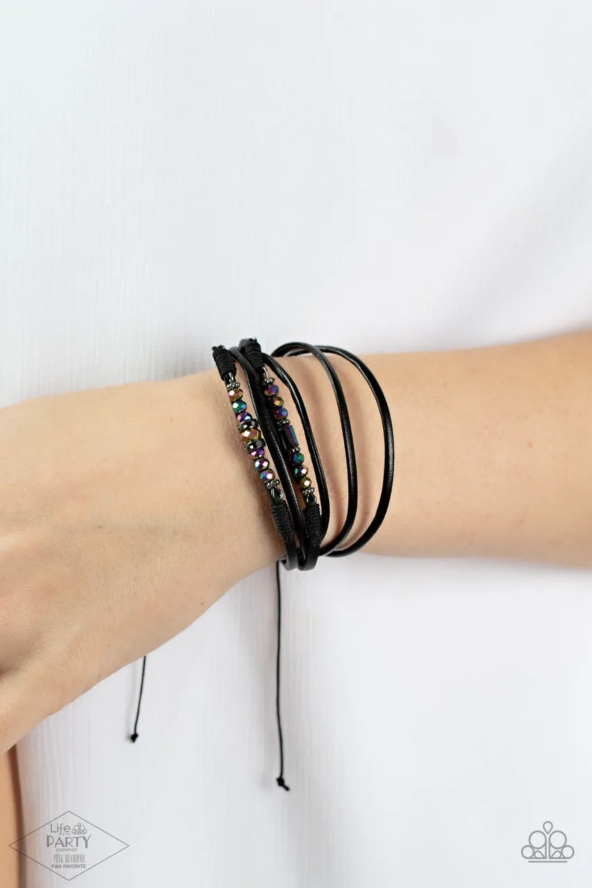 Prismatically Dramatic - Multi - Oil Spill Bead Black Leather Paparazzi Pull-Cord Bracelet - Pink Diamond Exclusive