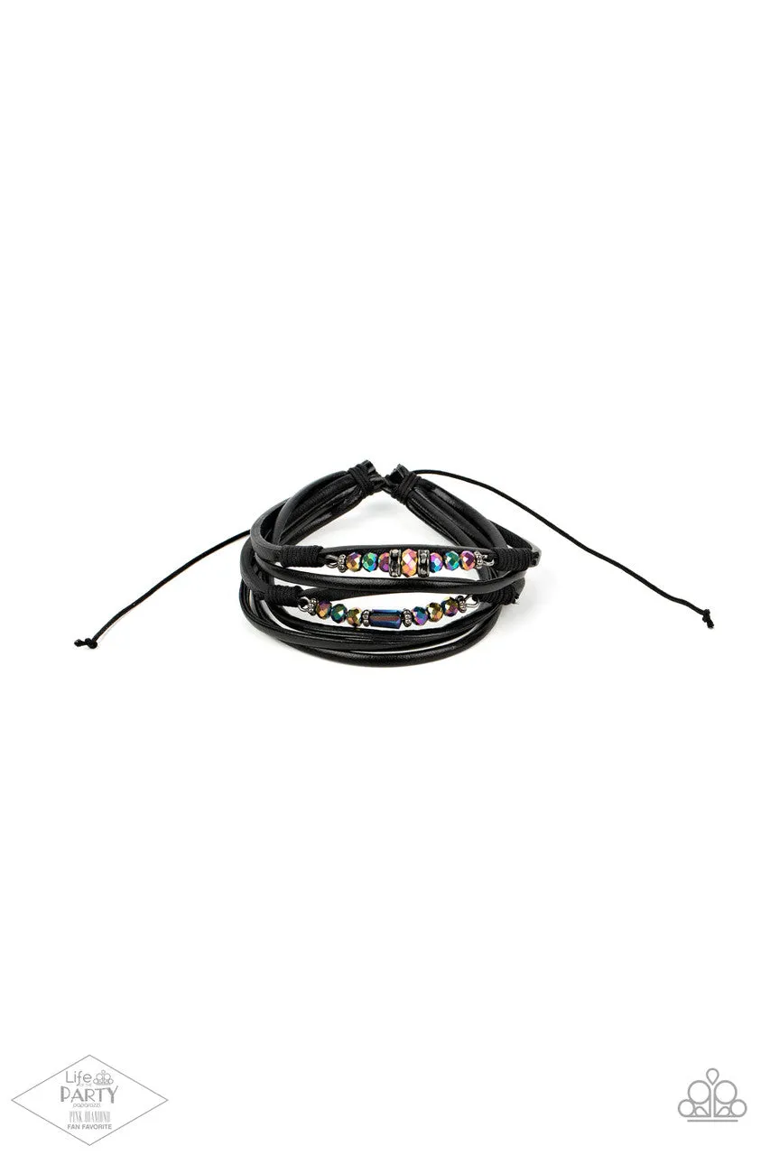 Prismatically Dramatic - Multi - Oil Spill Bead Black Leather Paparazzi Pull-Cord Bracelet - Pink Diamond Exclusive