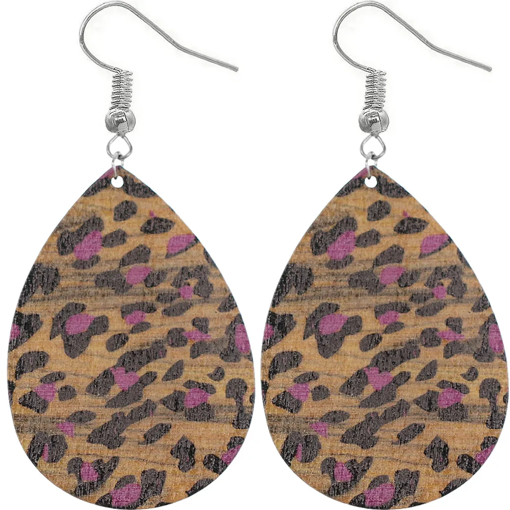 Purple Cheetah Print Wooden Teardrop Earrings