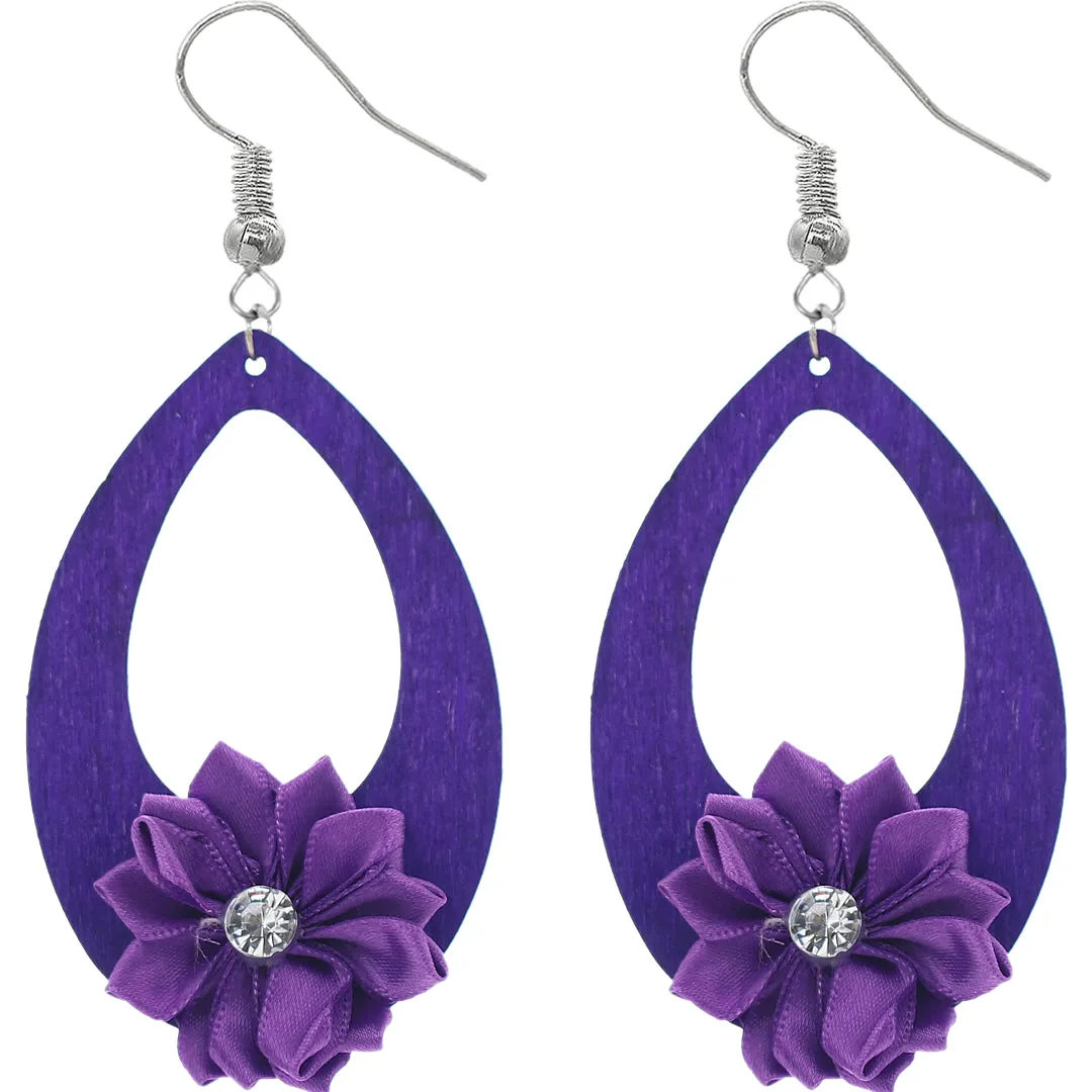 Purple Flower Wooden Teardrop Earrings
