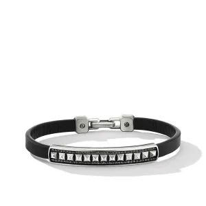 Pyramid Black Leather ID Bracelet with Pavé Black Diamonds, Size Medium