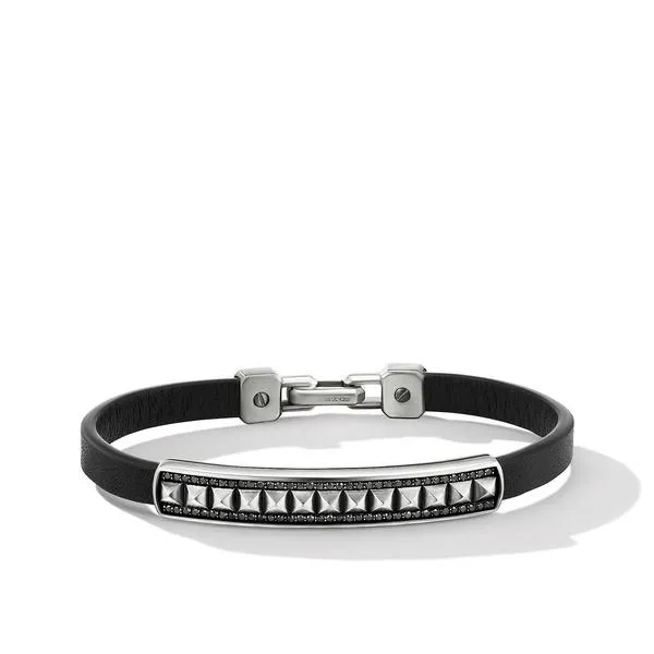 Pyramid Black Leather ID Bracelet with Pavé Black Diamonds, Size Medium