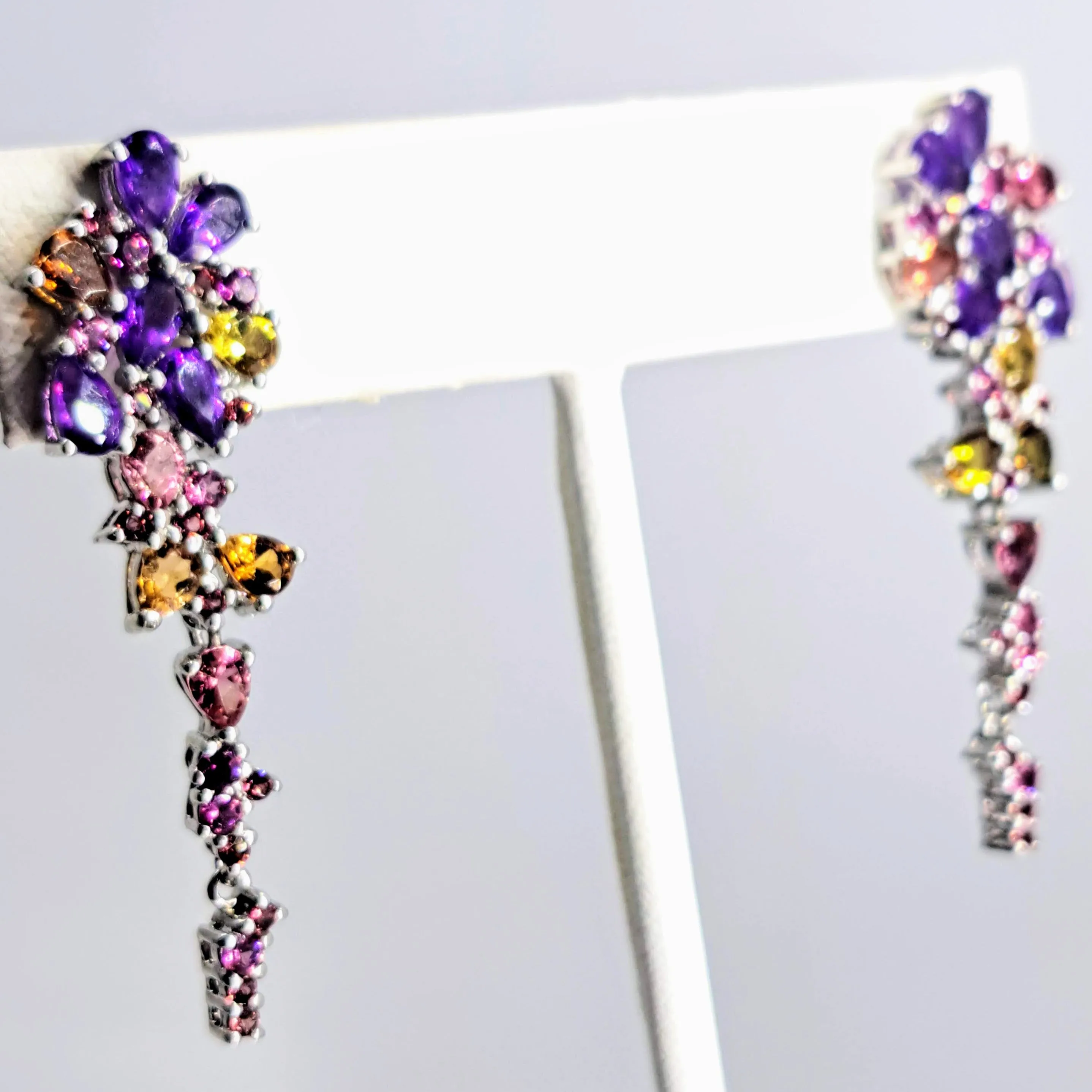 "Wisteria Mysteria" 2" Earrings - Amethyst, Tourmaline, Sterling