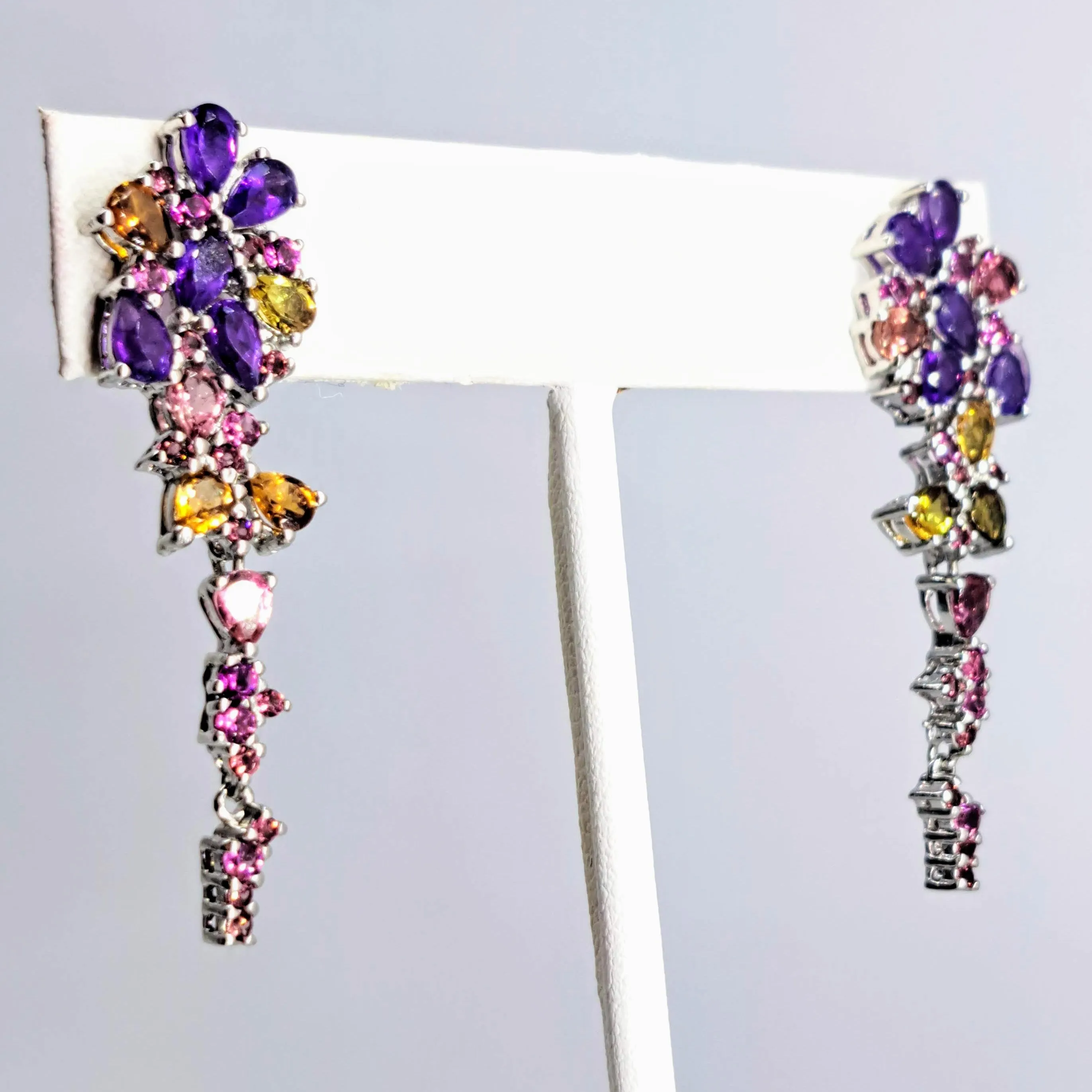 "Wisteria Mysteria" 2" Earrings - Amethyst, Tourmaline, Sterling