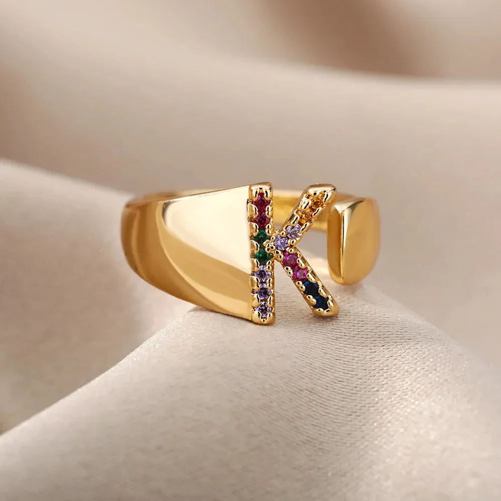 Rainbow Zircon Letter Rings For Women Fashion Chunky Wide Letter A-Z Stainless Steel Ring Wedding Boho