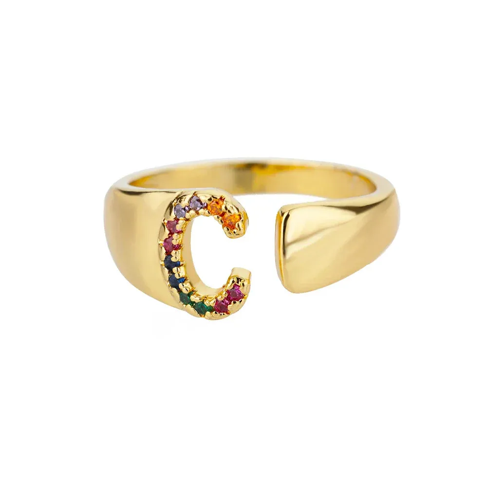 Rainbow Zircon Letter Rings For Women Fashion Chunky Wide Letter A-Z Stainless Steel Ring Wedding Boho