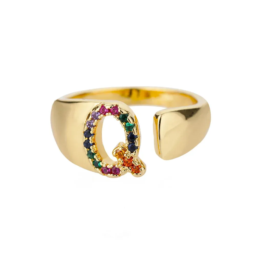 Rainbow Zircon Letter Rings For Women Fashion Chunky Wide Letter A-Z Stainless Steel Ring Wedding Boho