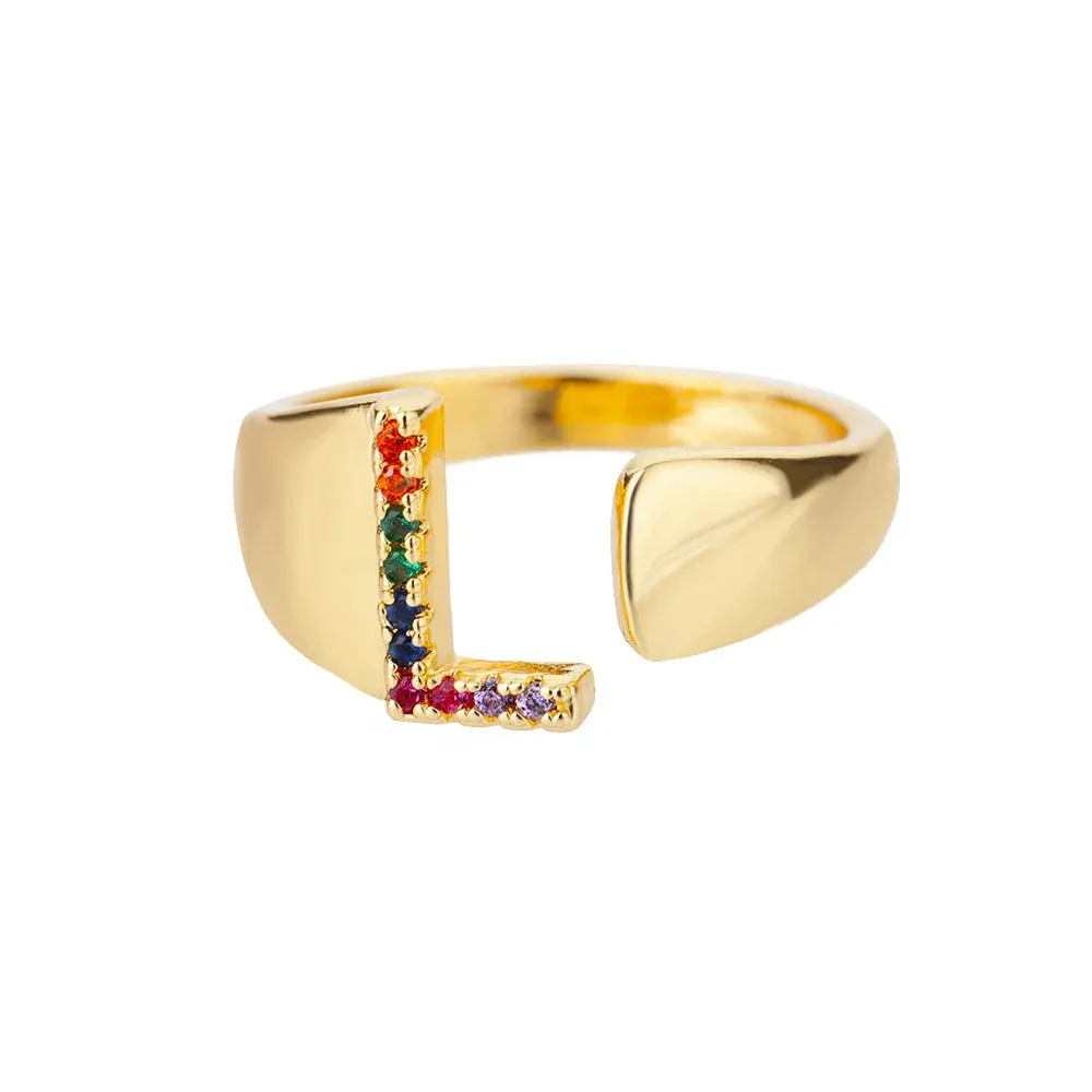 Rainbow Zircon Letter Rings For Women Fashion Chunky Wide Letter A-Z Stainless Steel Ring Wedding Boho