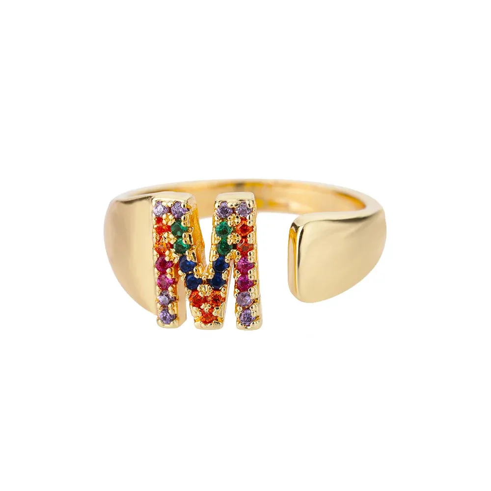 Rainbow Zircon Letter Rings For Women Fashion Chunky Wide Letter A-Z Stainless Steel Ring Wedding Boho