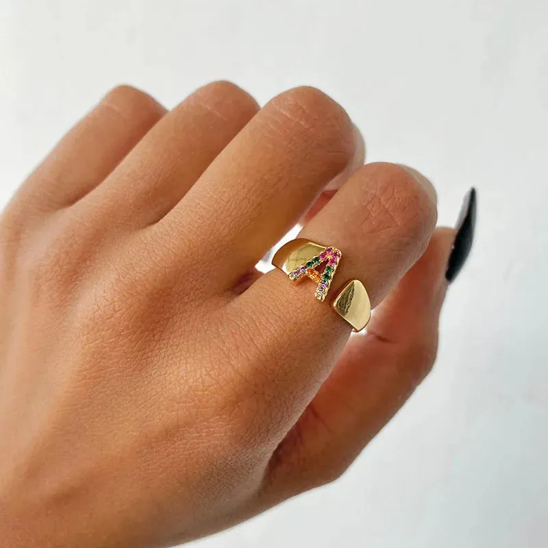Rainbow Zircon Letter Rings For Women Fashion Chunky Wide Letter A-Z Stainless Steel Ring Wedding Boho