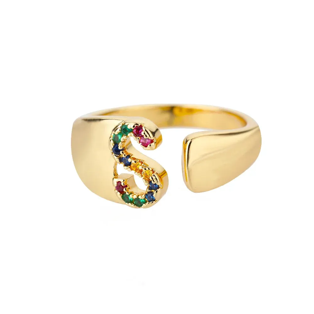 Rainbow Zircon Letter Rings For Women Fashion Chunky Wide Letter A-Z Stainless Steel Ring Wedding Boho